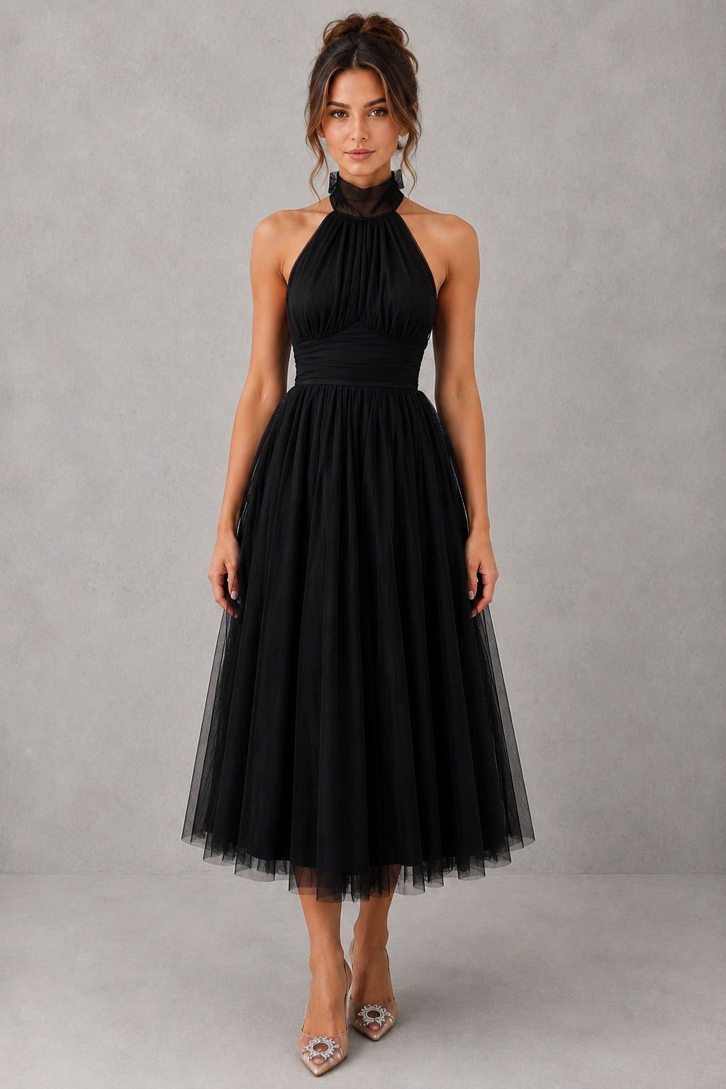 Stunning elegant midi evening dress, perfect women's fashion for formal occasions.
