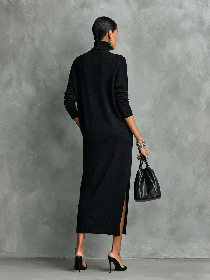 Comfortable women's long sleeve turtleneck midi dress, ideal for casual autumn and winter fashion.