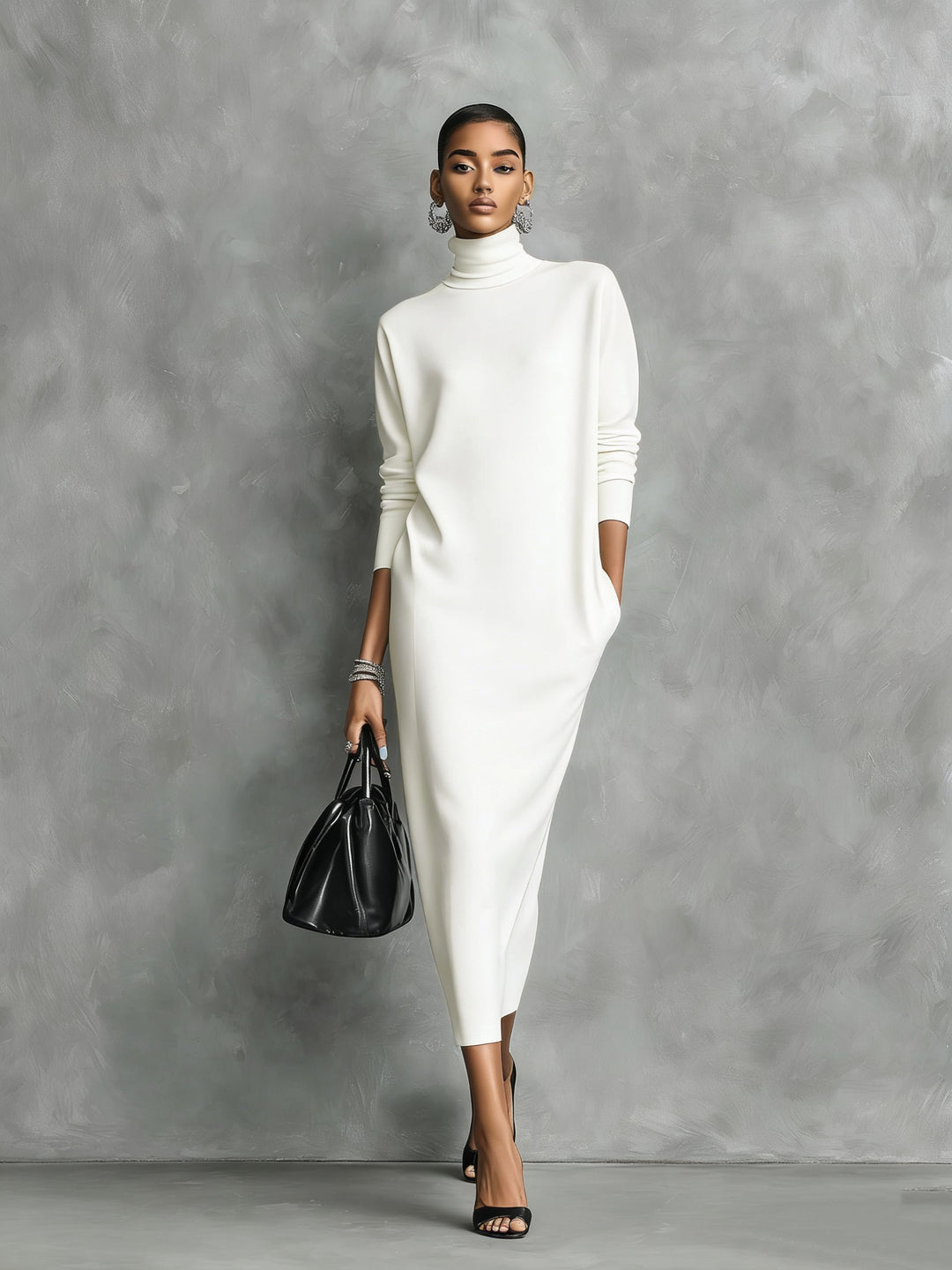 Stylish women's long sleeve midi turtleneck dress, an elegant choice for autumn and winter events.