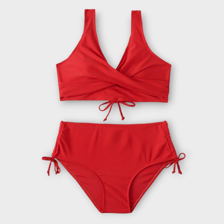 Chic red two-piece bikini, perfect elegant swimwear for women. Flattering design for beach vacations & summer style.