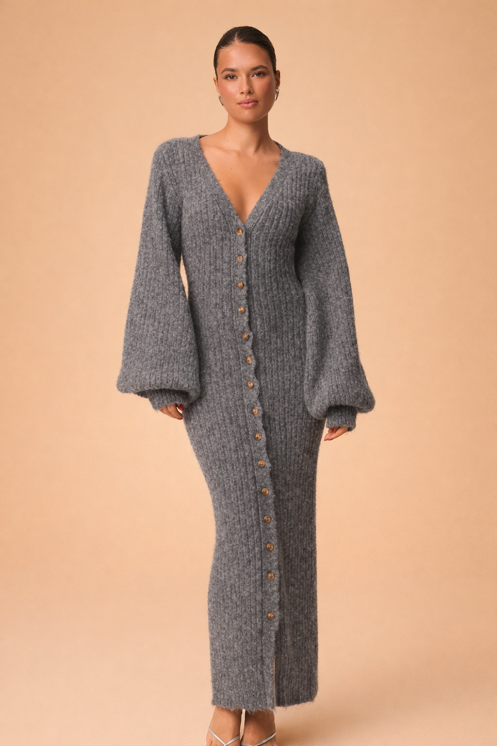 Elegant women's two-piece dress & cardigan set, perfect for office or evening wear. Midi length, stylish & comfortable.