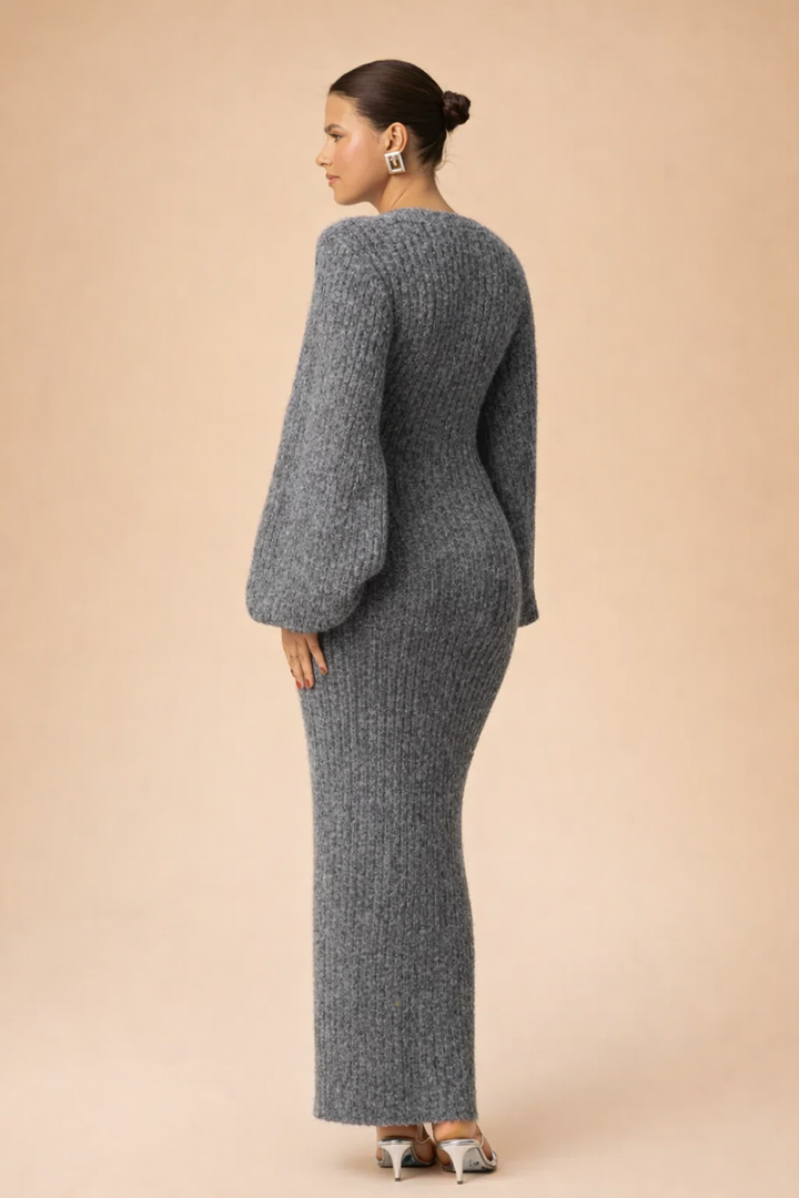 Stylish women's midi dress & cardigan set, an elegant two-piece outfit for office and evening occasions. Comfortable fashion.