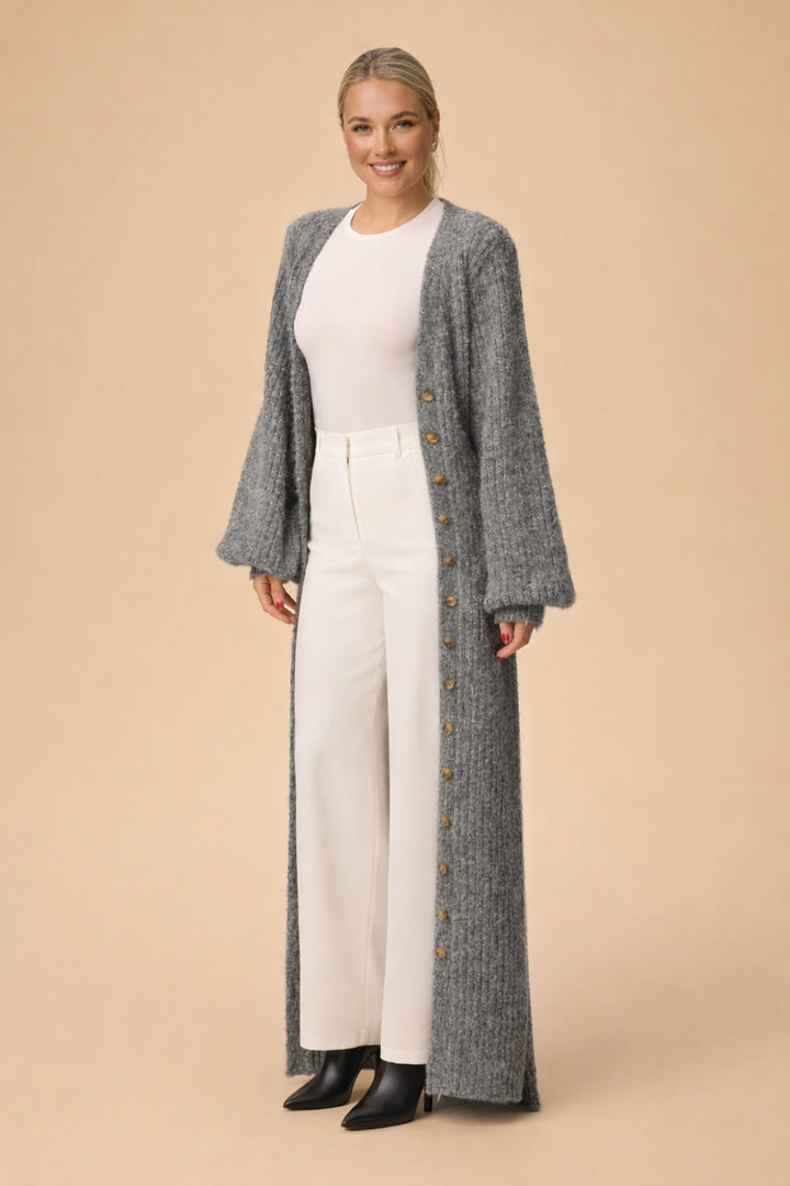 Comfortable & elegant women's two-piece dress and cardigan set. Modern feminine midi style for versatile wear.