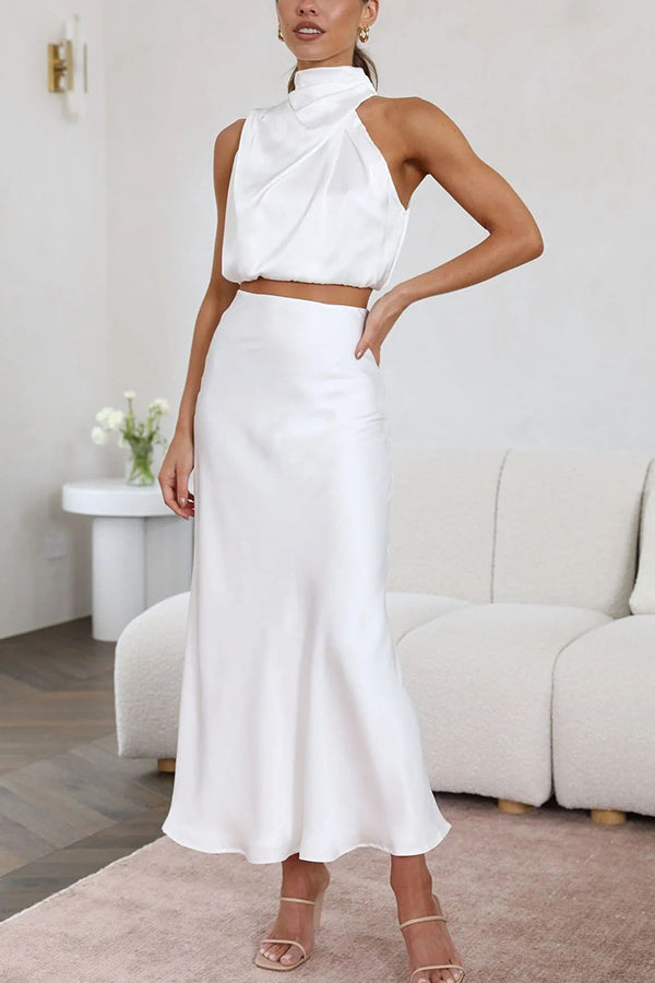 Chic women's formal party wear: halter crop top & draped maxi skirt outfit set.