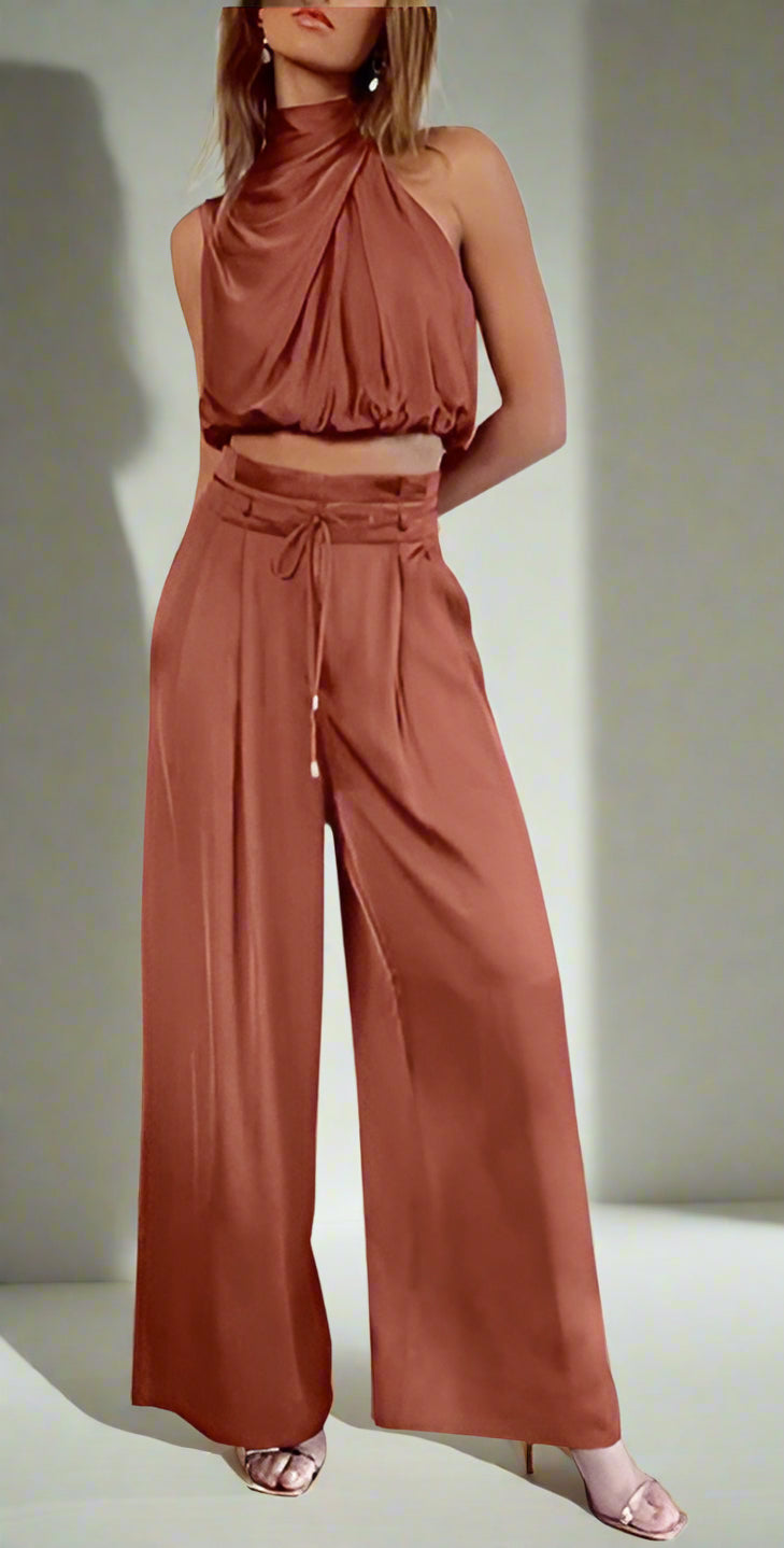 Stylish women's linen blend two-piece outfit. Elegant, comfortable, & versatile for spring/summer.