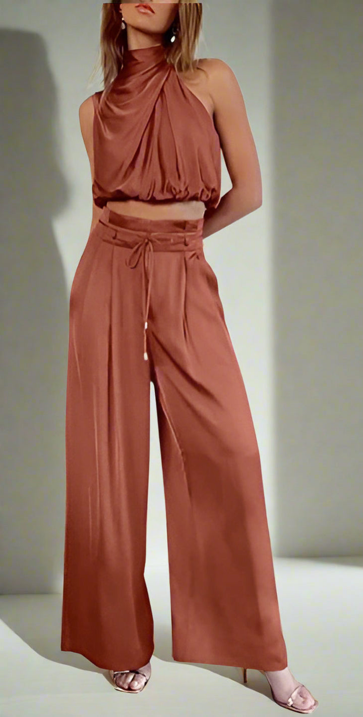 Stylish women's linen blend two-piece outfit. Elegant, comfortable, & versatile for spring/summer.