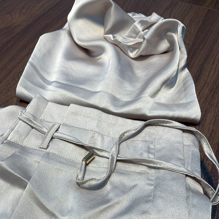 Sophisticated champagne linen blend women's set. Dressy two-piece for spring events.