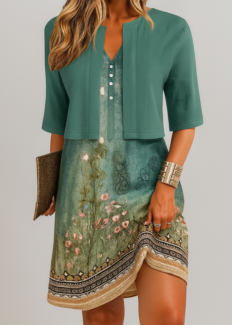 Elegant women's summer two-piece set, featuring a long A-line skirt and a sophisticated top.