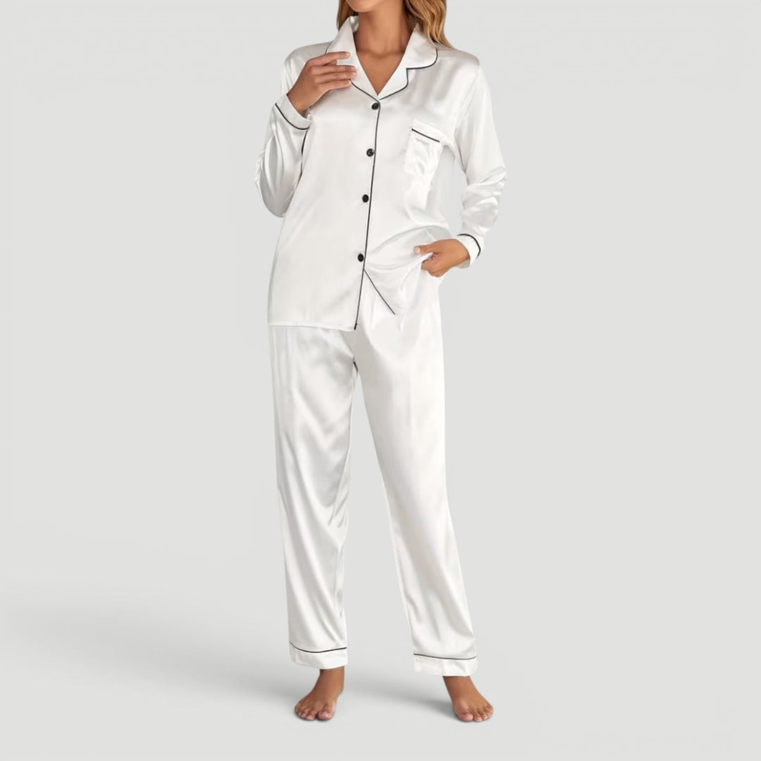 Stylish women's two-piece lounge and pajama set, designed for comfort and elegant sleep.