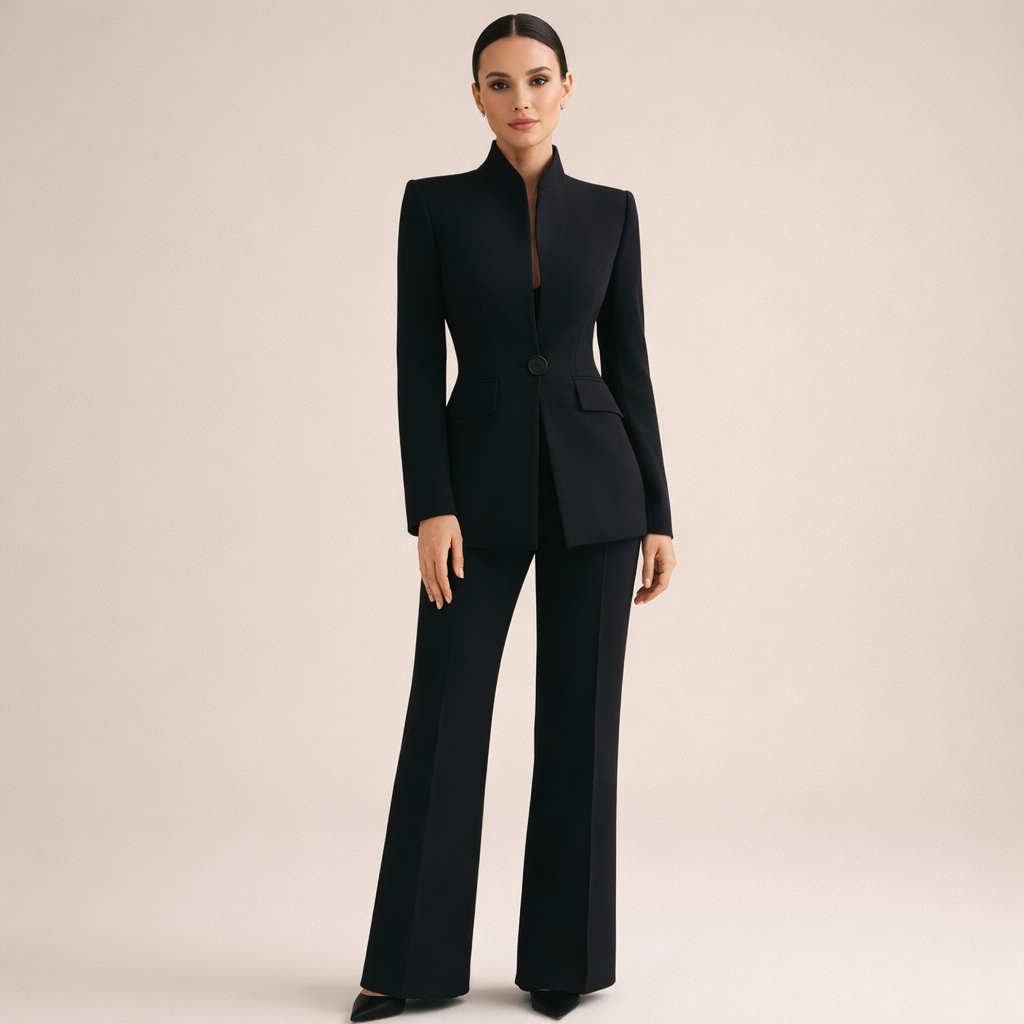 Elegant women's two-piece professional suit with tailored jacket & trousers for business & office wear.