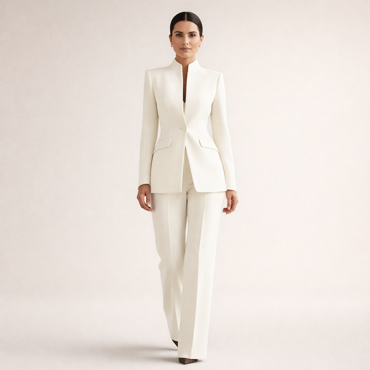 Stylish women's tailored two-piece suit, perfect for formal business meetings & versatile office professional wear.
