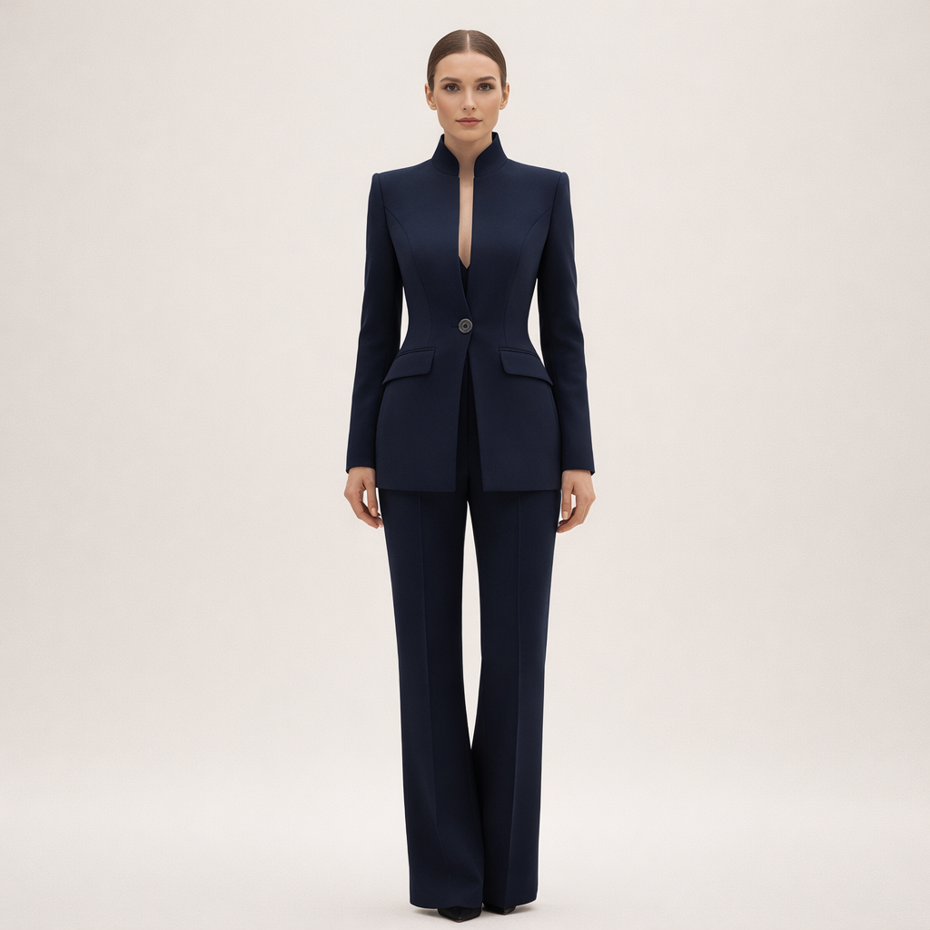 Sophisticated women's two-piece suit featuring a tailored jacket & smart trousers for elegant business style.