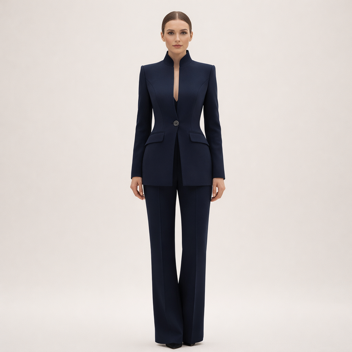Sophisticated women's two-piece suit featuring a tailored jacket & smart trousers for elegant business style.