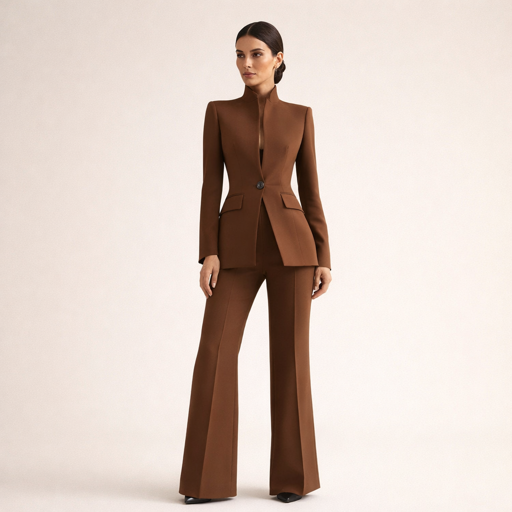 Women's elegant two-piece suit for a polished professional style. Tailored jacket & trousers for smart business wear.