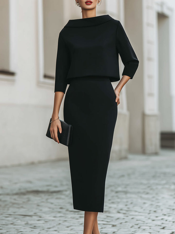 Elegant women's two-piece set: boat-neck top & midi skirt. Perfect for office wear or casual chic.