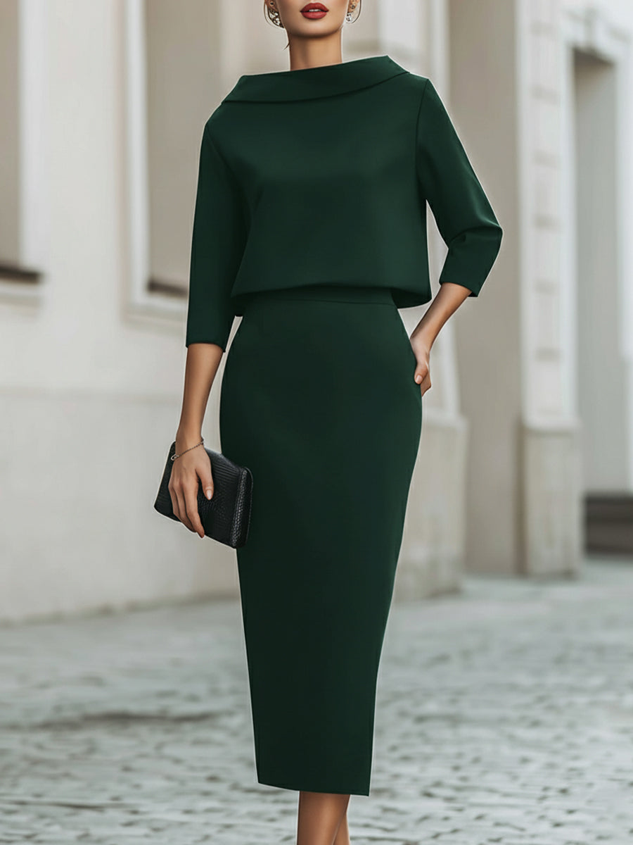 Sophisticated women's elegant set: boat-neck top with batwing sleeve & comfortable midi skirt.