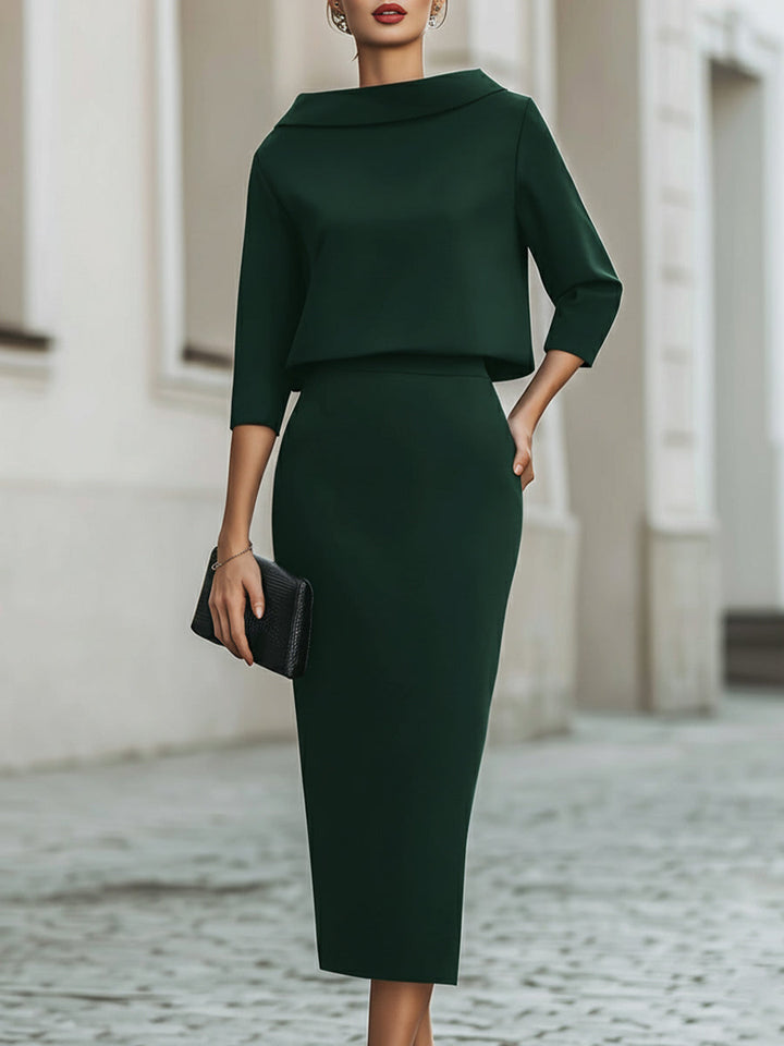 Sophisticated women's elegant set: boat-neck top with batwing sleeve & comfortable midi skirt.