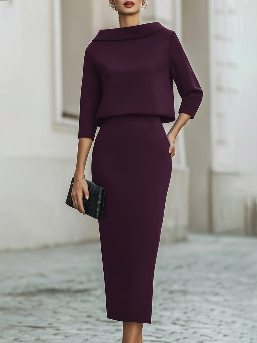 Women's two-piece midi skirt and boat-neck top set, designed for elegant and versatile fashion.