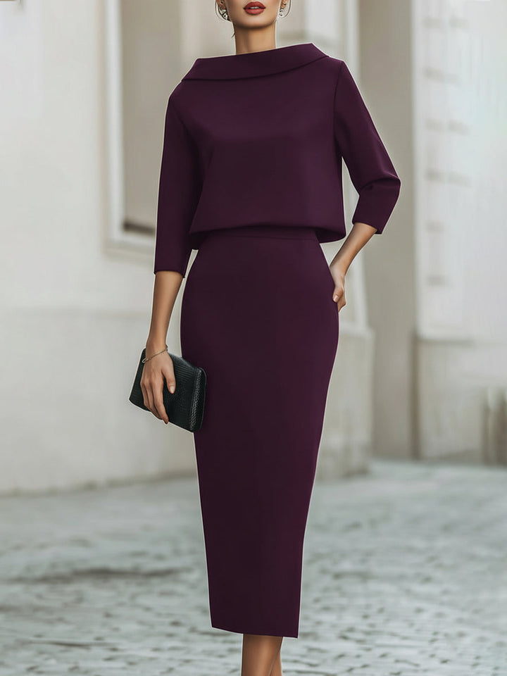 Women's two-piece midi skirt and boat-neck top set, designed for elegant and versatile fashion.