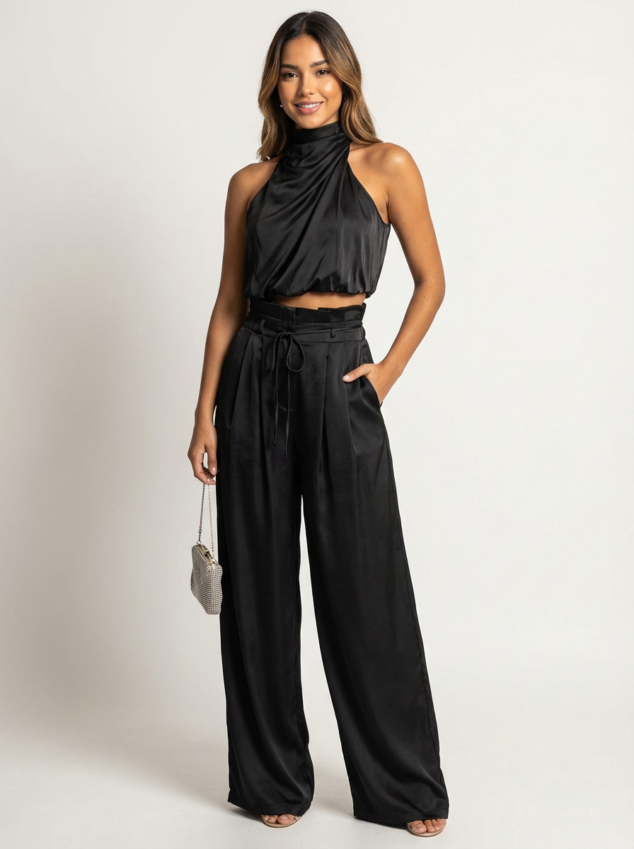 Elegant women's two-piece set: chic halter top & wide-leg trousers. Perfect for spring/summer evening wear.
