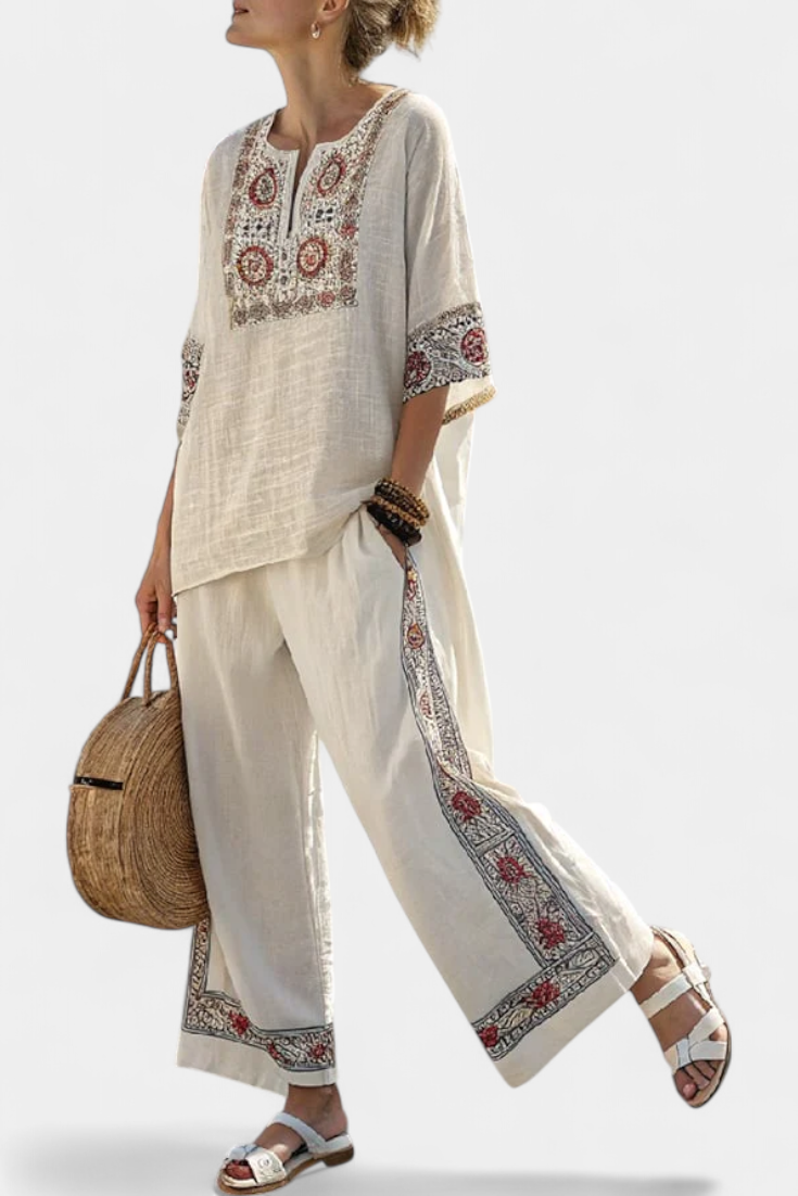 Elegant women's two-piece set featuring a floral embroidered blouse and wide-leg trousers, perfect for summer fashion.
