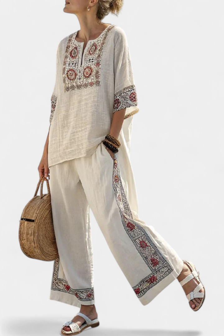 Elegant women's two-piece set featuring a floral embroidered blouse and wide-leg trousers, perfect for summer fashion.
