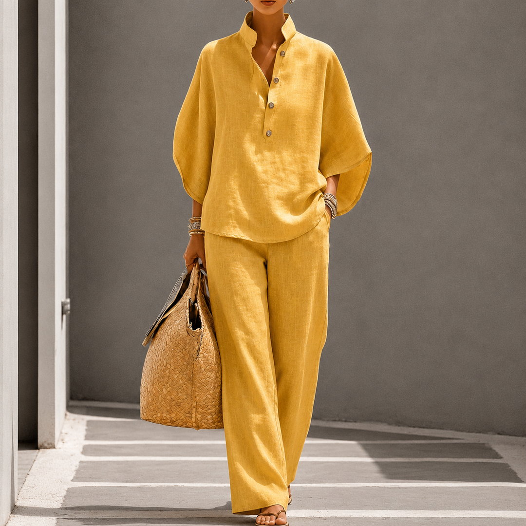 Women's everyday style two-piece set: a relaxed blouse paired with comfortable wide-leg pants for effortless elegance.