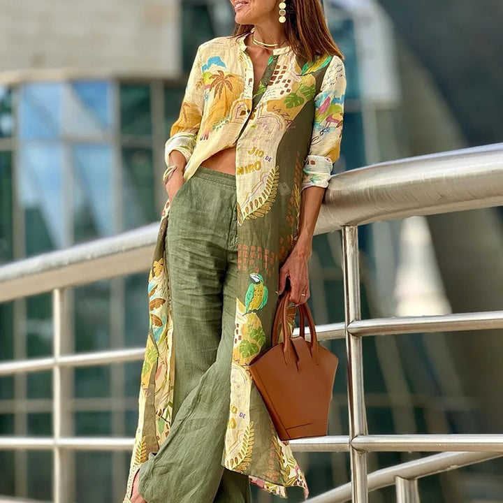 Elegant women's two-piece set featuring a vibrant printed shirt and stylish wide-leg trousers, a coordinated outfit.