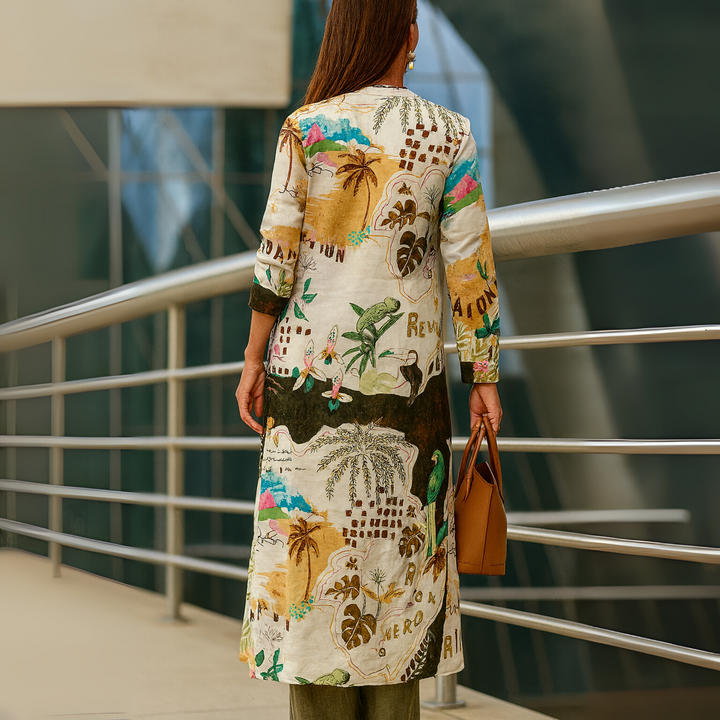 Close-up of the women's elegant printed shirt, a key piece of the matching two-piece set, showcasing its unique pattern.