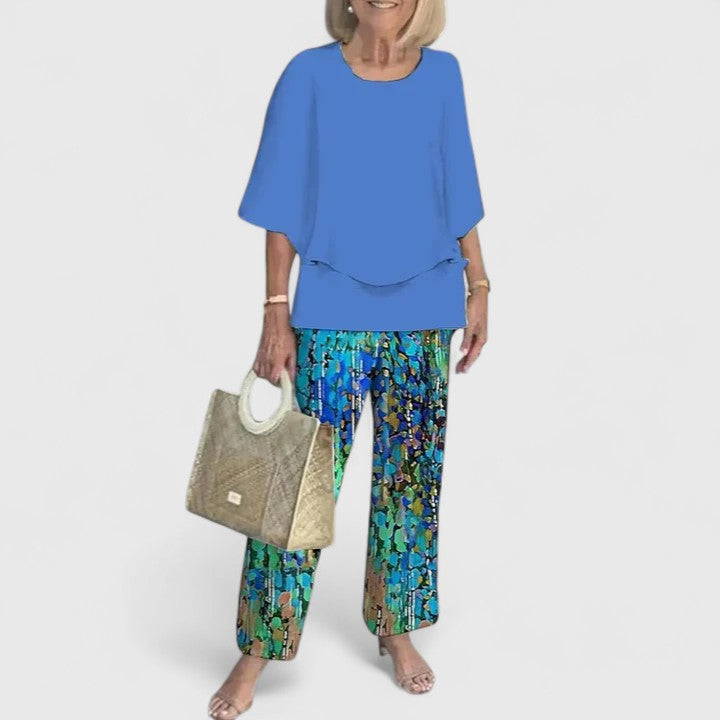 Side view: Elegant women's two-piece set. Comfortable, breathable, and versatile for sophisticated summer wear.
