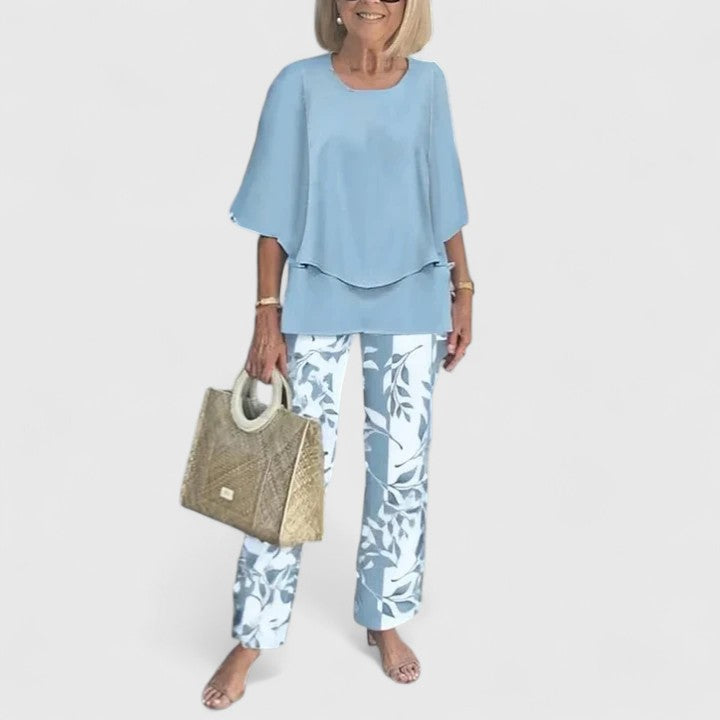 Back view: Sophisticated women's two-piece set. Elegant, comfortable, and versatile for summer fashion.