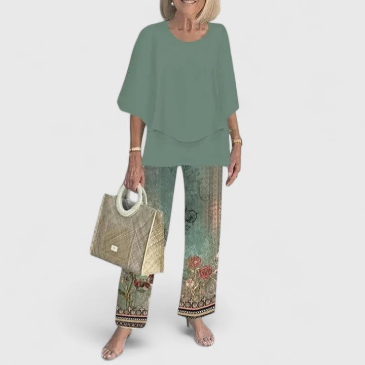 Fashionable women's co-ord two-piece set. Sophisticated, comfortable, and elegant for summer wear.