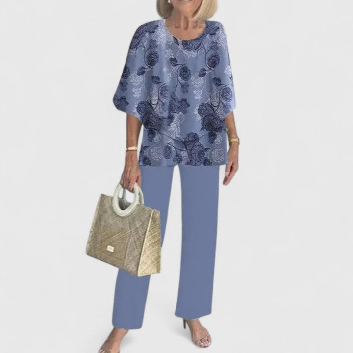 Lightweight, breathable women's two-piece set. Elegant, comfortable, & versatile for sophisticated summer fashion.