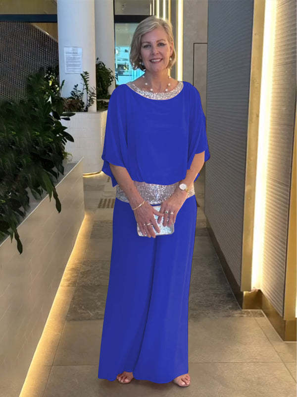 Formal women's elegant two-piece set featuring a wide-sleeve top & wide-leg pants, with a subtle sparkle accent.