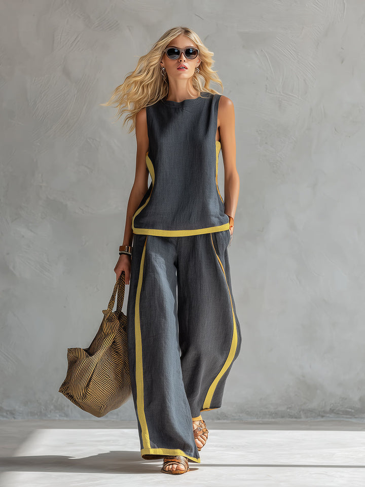 Chic ladies' two-piece suit featuring unique modern graphic patterns and wide-leg trousers.