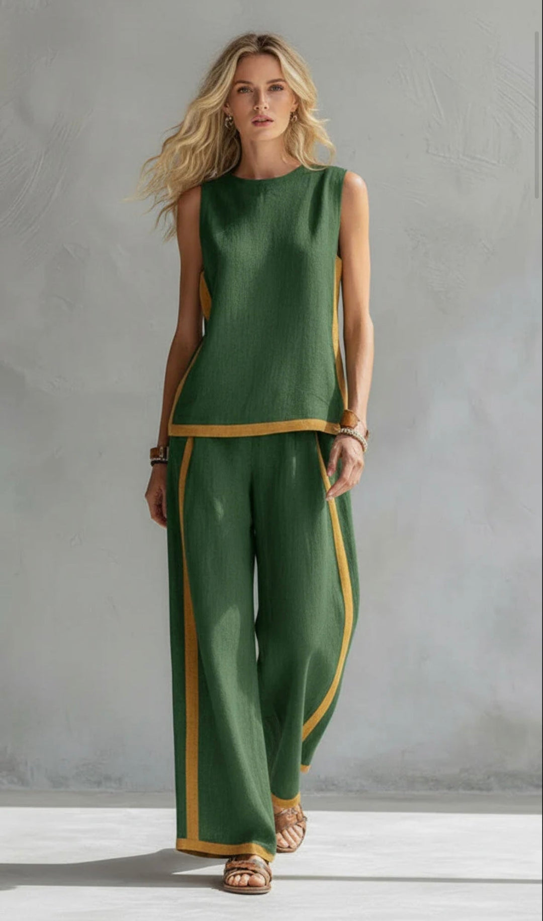 Comfortable and chic women's suit, a two-piece ensemble with modern graphic print and wide-leg design.