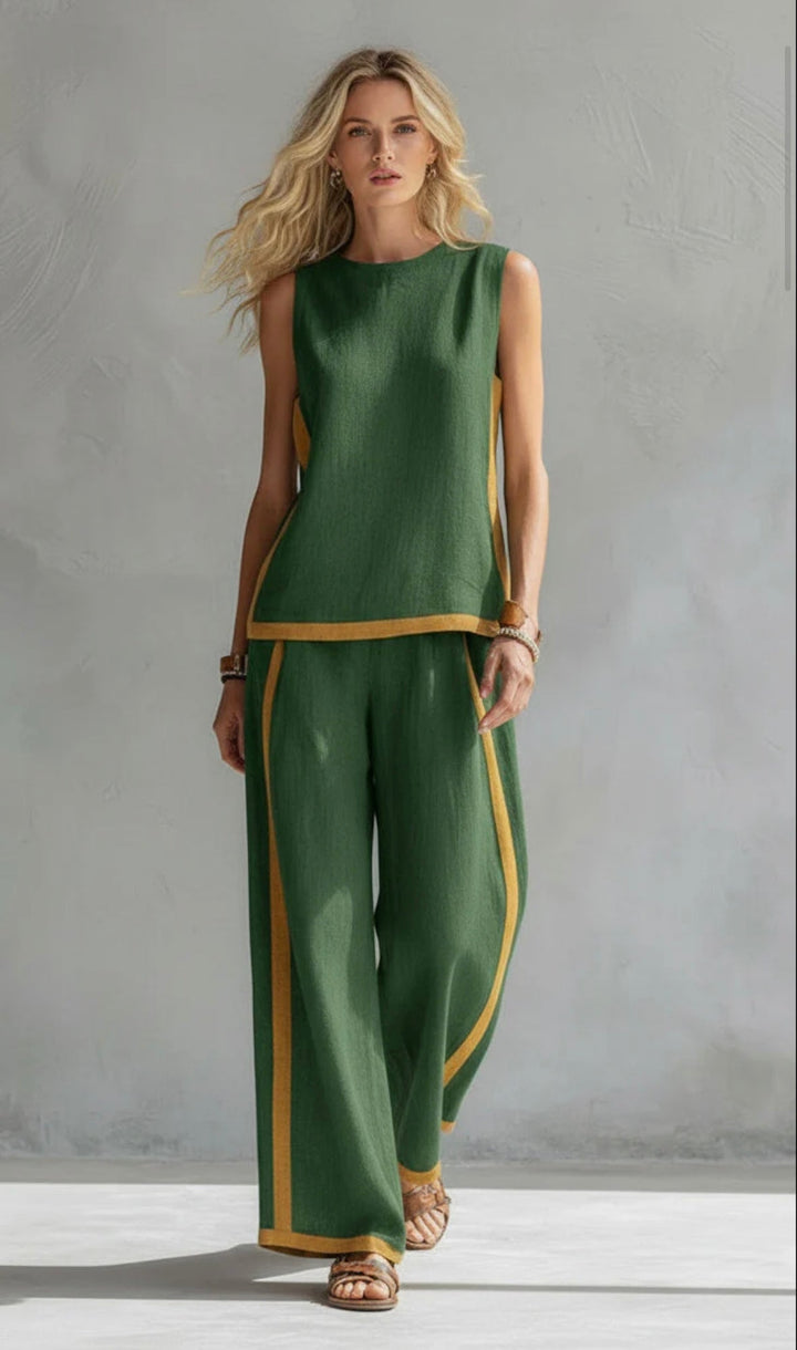Comfortable and chic women's suit, a two-piece ensemble with modern graphic print and wide-leg design.
