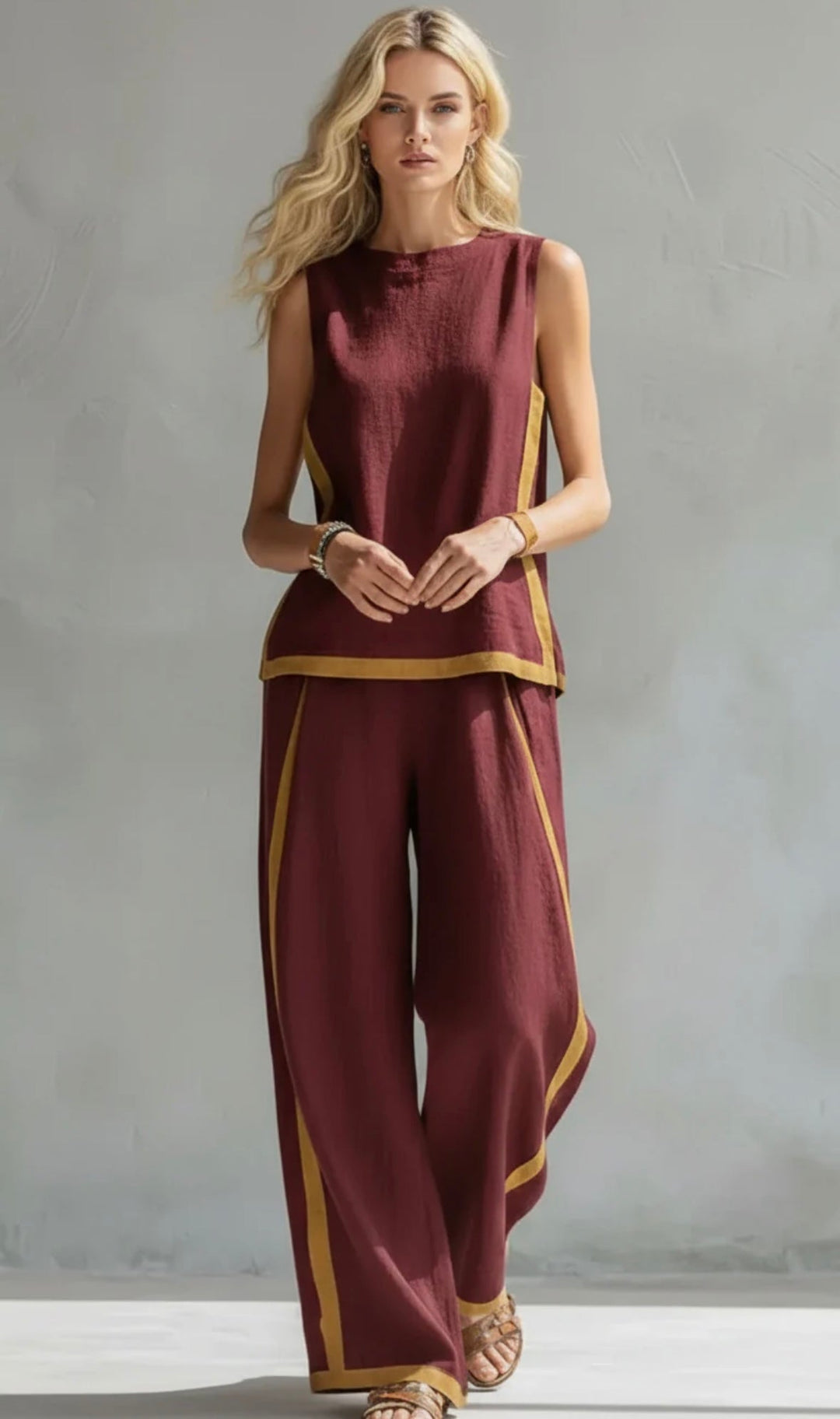 Ladies' elegant two-piece suit, a versatile outfit with modern graphic details and sophisticated wide-leg trousers.