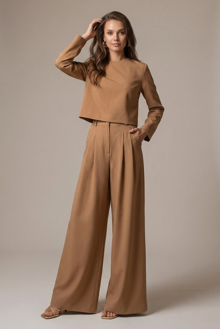 Stylish women's two-piece wide-leg palazzo set. Modern long sleeve co-ord outfit for a contemporary look.
