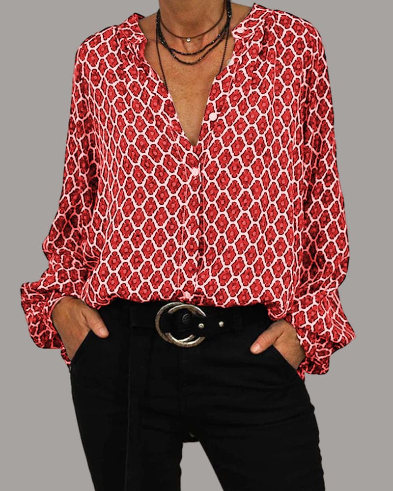 Stylish V-neck blouse for women, a comfortable and versatile long-sleeve top for both casual and formal occasions.