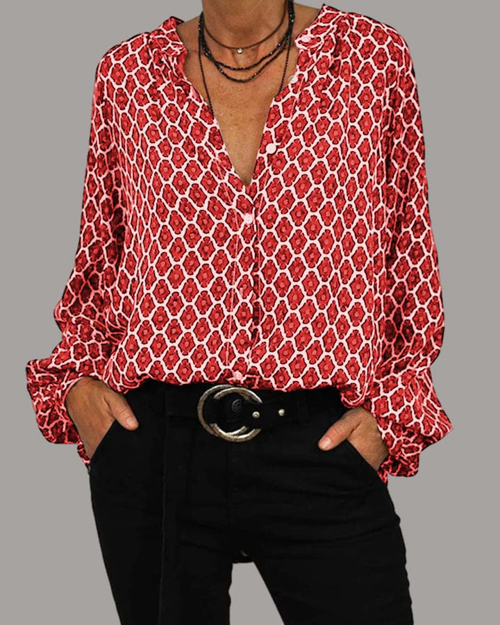 Stylish V-neck blouse for women, a comfortable and versatile long-sleeve top for both casual and formal occasions.