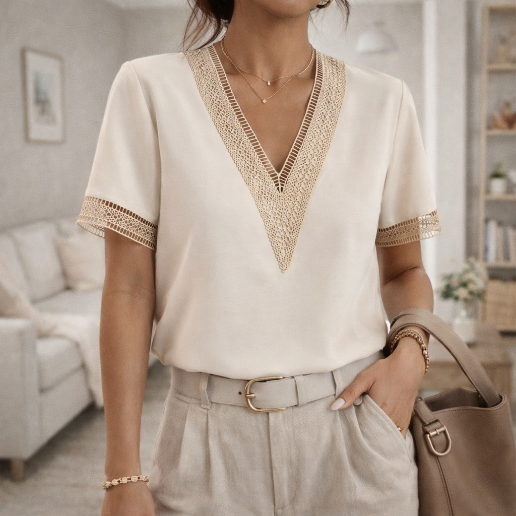 Elegant women's V-neck blouse with delicate lace trim & short sleeves. Perfect for sophisticated spring & summer fashion.