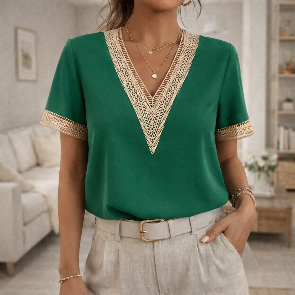 Versatile women's V-neck short sleeve blouse with beautiful lace trim. Ideal for office wear or casual weekend style.