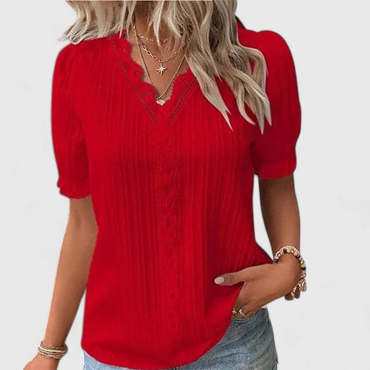 Versatile women's elegant V-neck blouse. Short hollow sleeves add a unique touch for summer and everyday fashion.