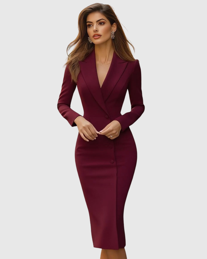 Sophisticated women's V-neck bodycon midi dress, long sleeve, ideal for elegant party and office events.