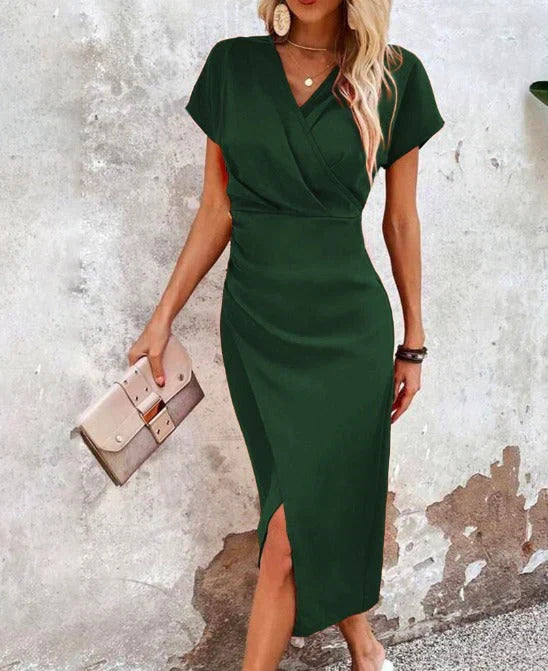 Modern V-neck bodycon midi dress for women with a sophisticated front split, ideal for evening & cocktail.