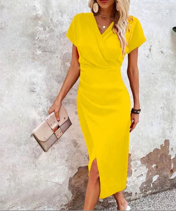 Chic V-neck bodycon midi dress for women featuring a trendy front split, ideal for cocktails & fashion.