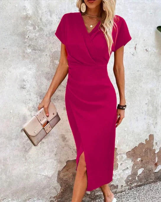 Women's fashion V-neck bodycon midi dress with a stylish front split design, great for party & formal wear.