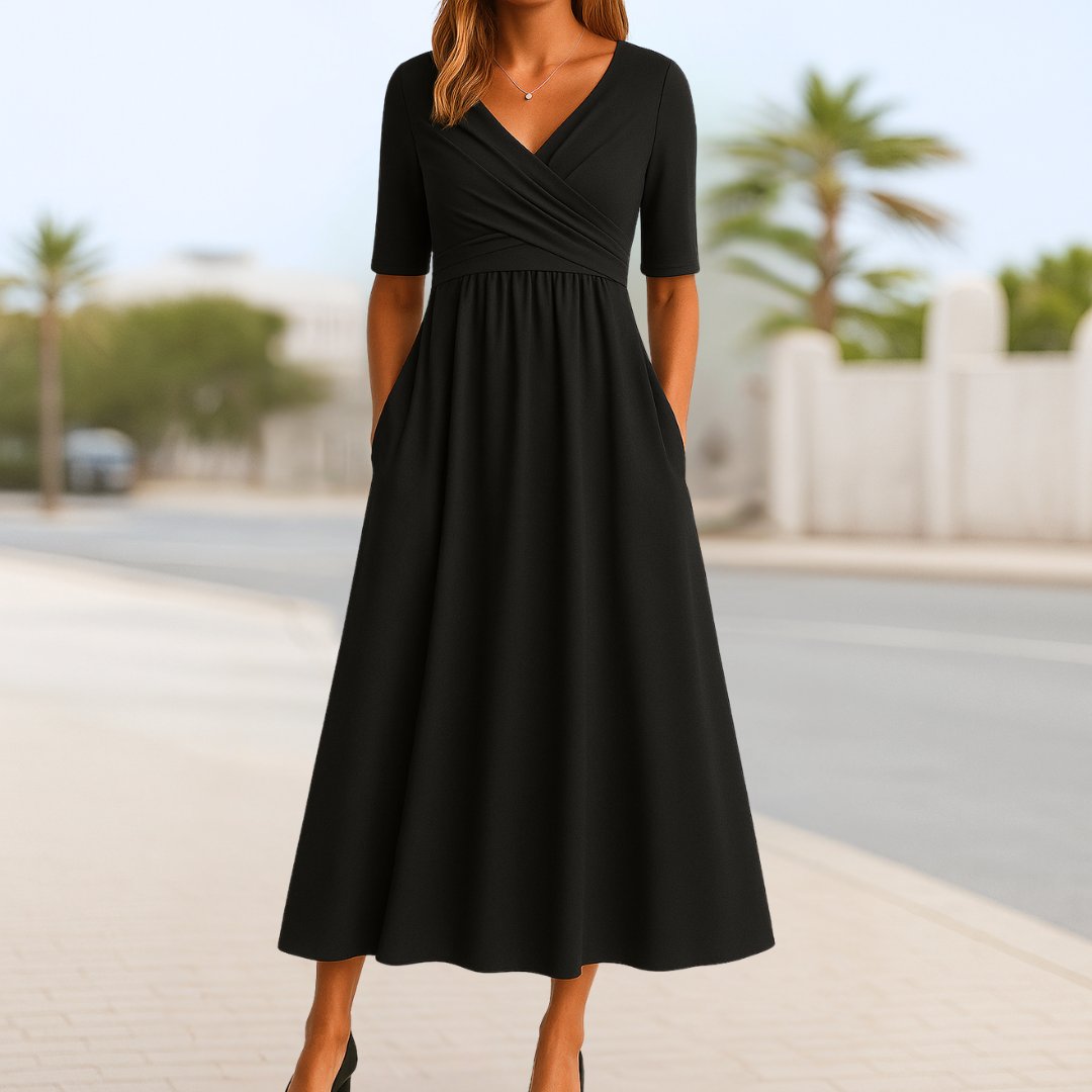 Chic women's short-sleeve midi wrap dress with a sophisticated V-neck and cross-front design.
