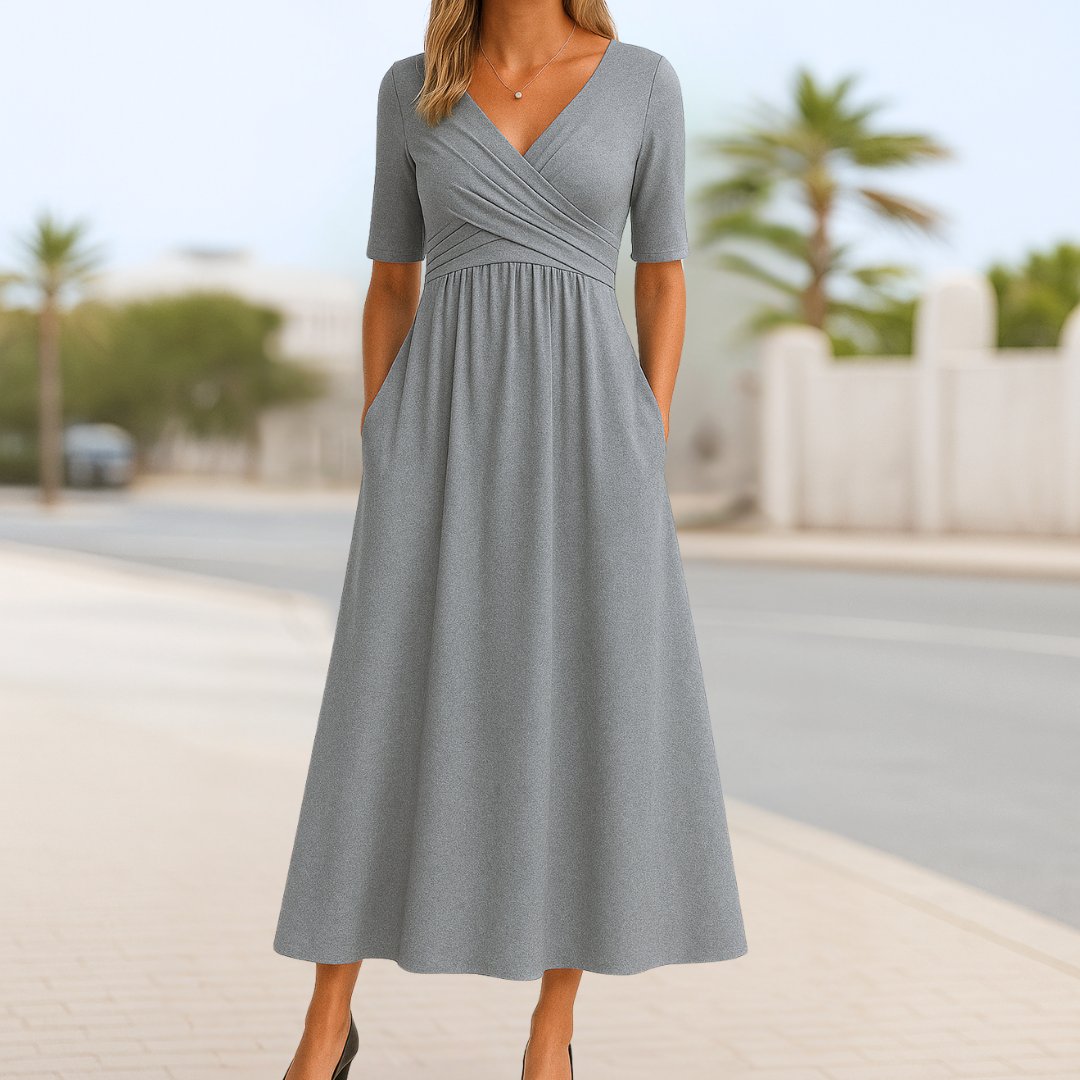 Stylish women's V-neck cross-front short-sleeve midi dress, an elegant A-line wrap style.